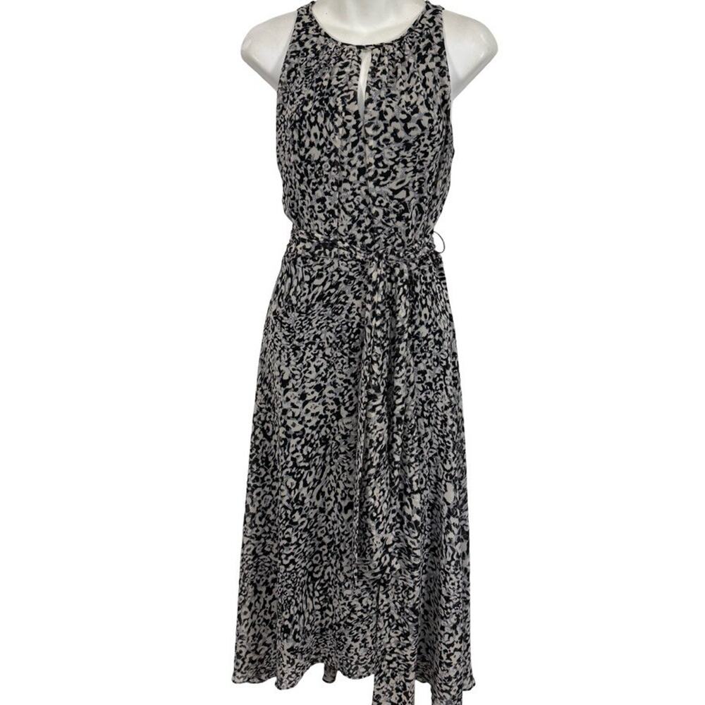 Chetta B Womens Gray Black Midi Belted Sleeveless Lined Dress Animal Print sz 6
